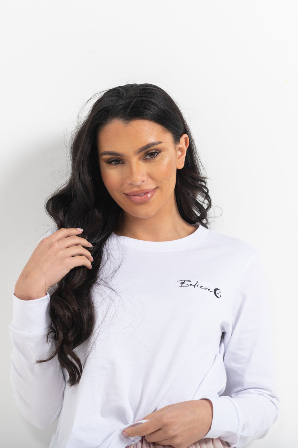 Believe Embroidered White Long Sleeve Top 